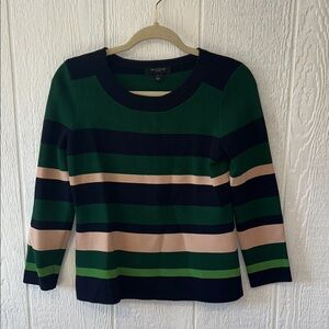 Ann Taylor Petite Striped Crew Neck 3/4 Sleeve Pullover Sweater Green Blue
